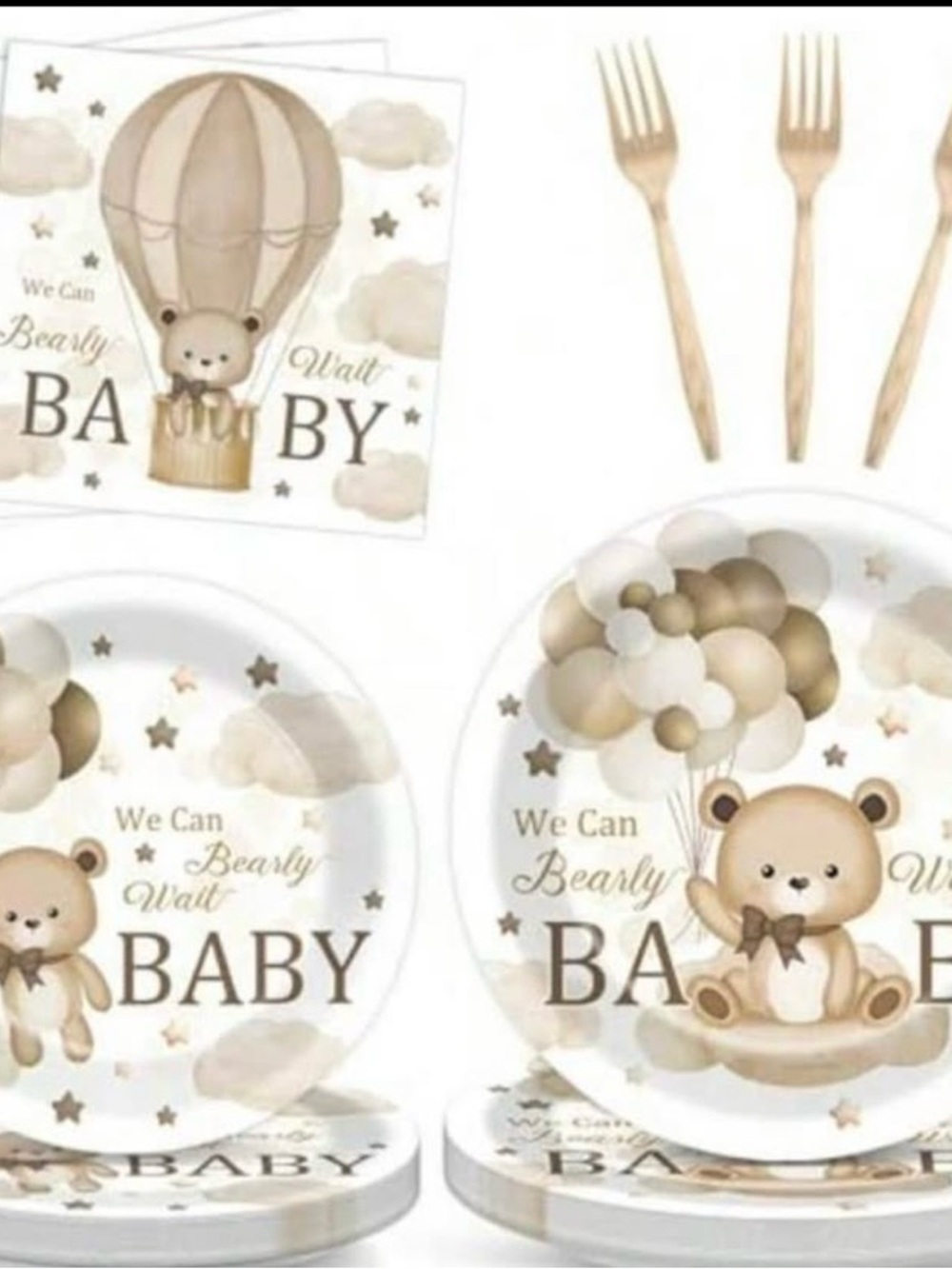 Neutral Bear Hot Air Balloon Baby Shower Paper Plates & Napkins - Party Set